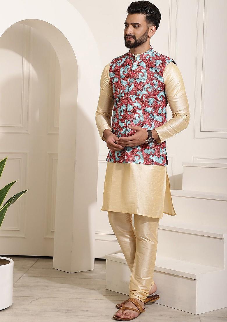 Gold Solid Poly Blend Kurta Set For Men