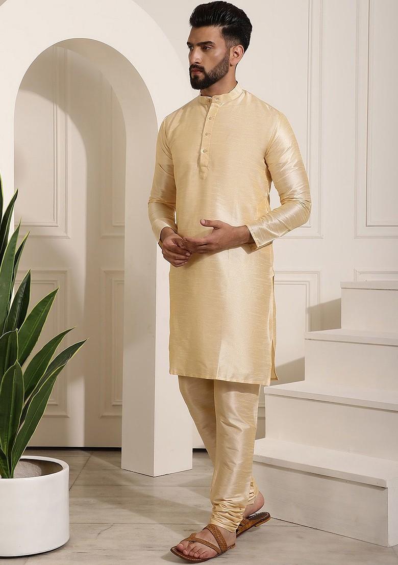 Gold Solid Poly Blend Kurta Set For Men