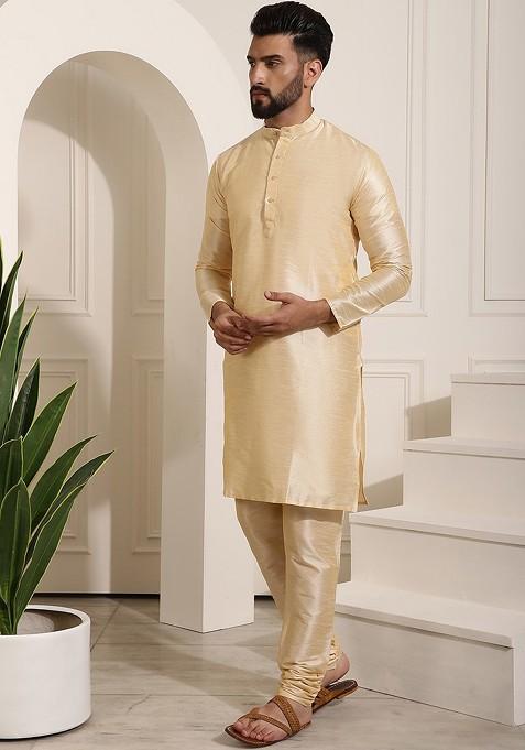 Gold Solid Poly Blend Kurta Set For Men