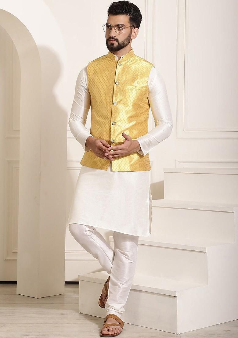 Cream Solid Poly Blend Kurta Set For Men