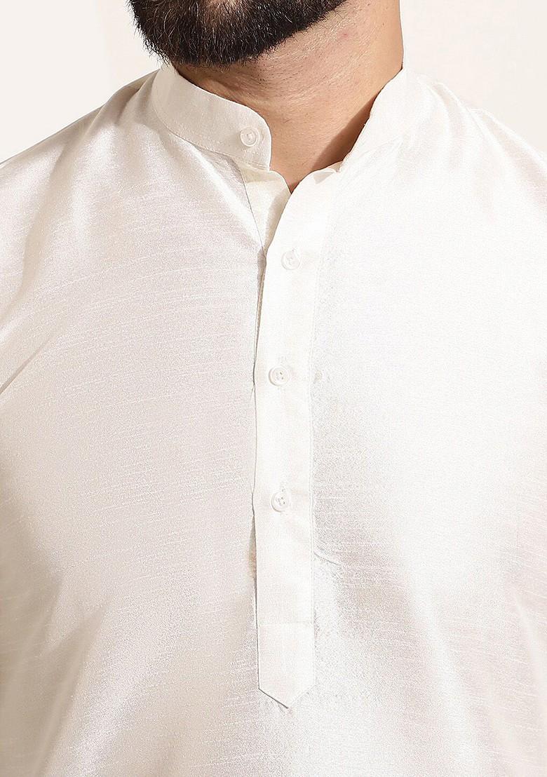 Cream Solid Poly Blend Kurta Set For Men