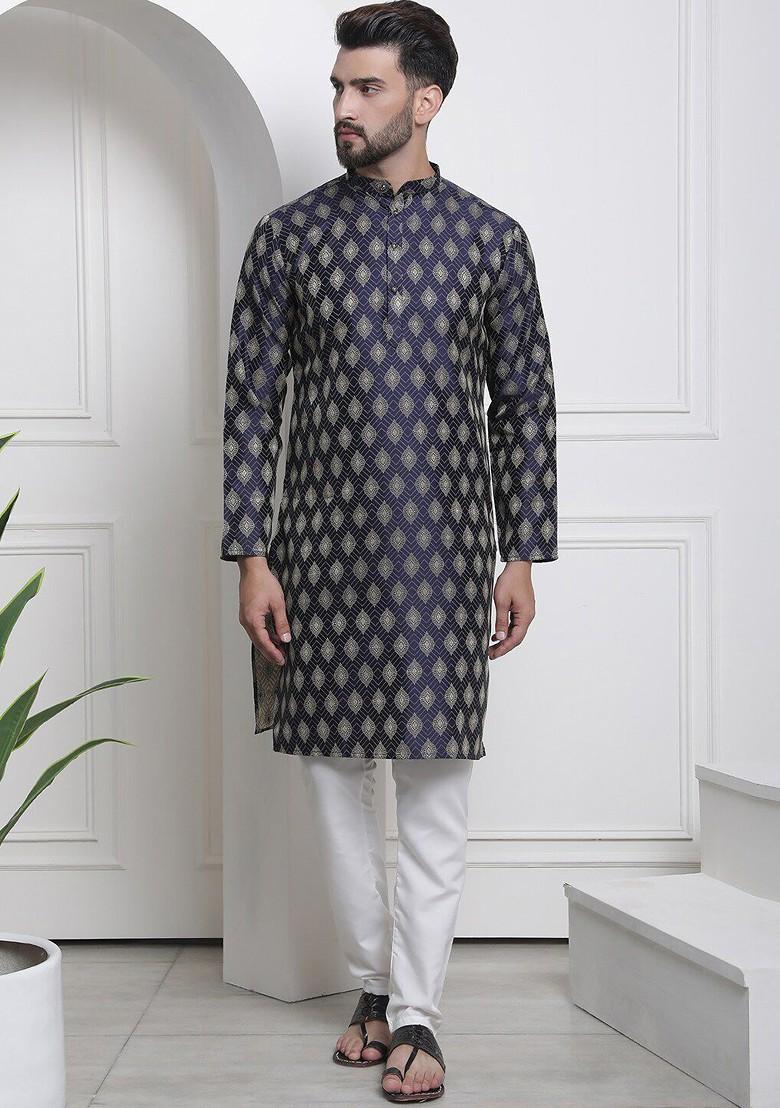 Navy Blue Ethnic Motifs Poly Blend Kurta Set For Men