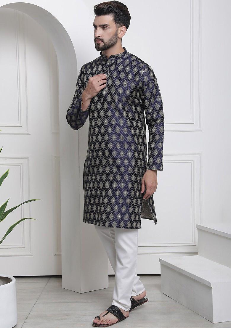 Navy Blue Ethnic Motifs Poly Blend Kurta Set For Men