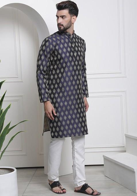 Navy Blue Ethnic Motifs Poly Blend Kurta Set For Men