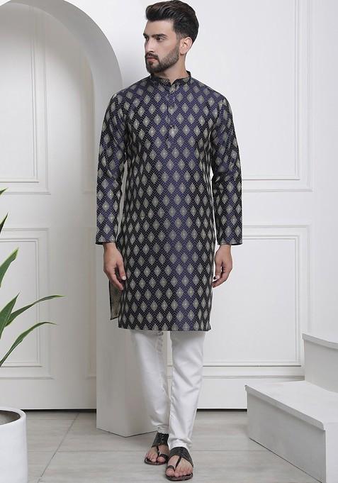 Navy Blue Ethnic Motifs Poly Blend Kurta Set For Men
