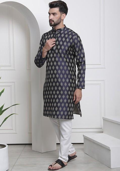 Navy Blue Ethnic Motifs Poly Blend Kurta Set For Men