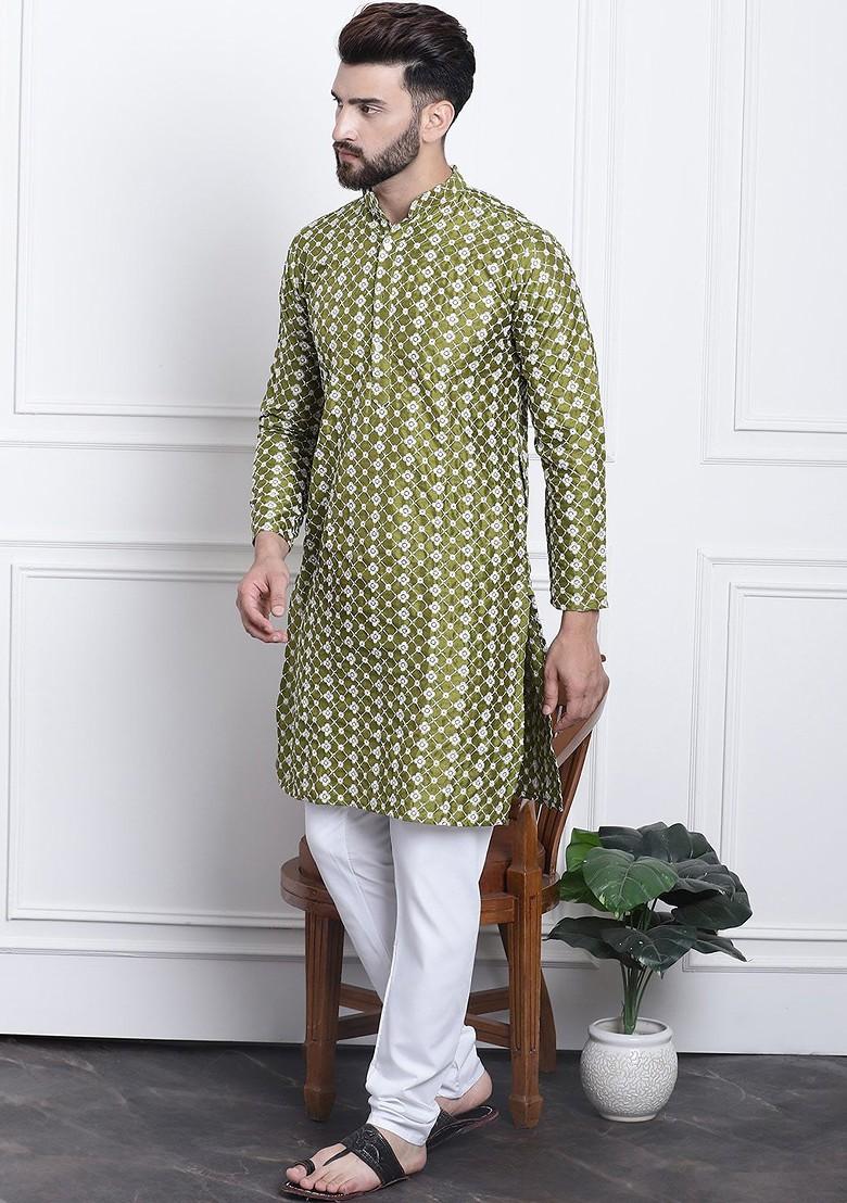 Green Thread Work Poly Blend Kurta Set For Men