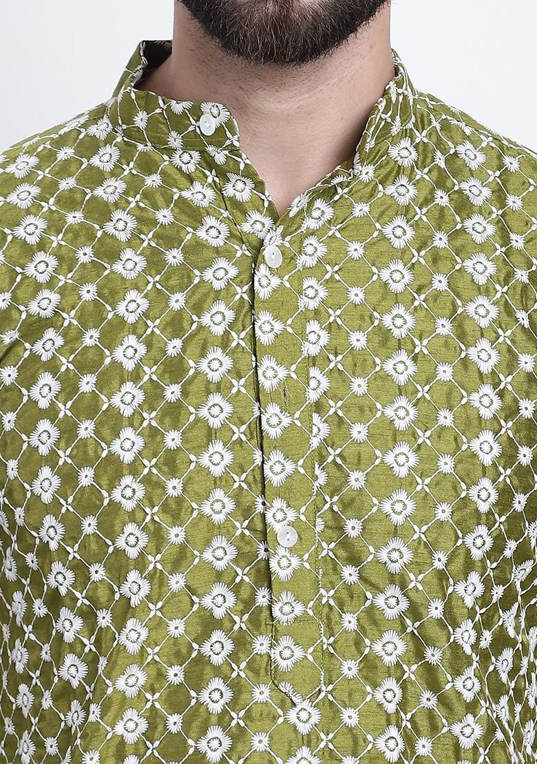 Green Thread Work Poly Blend Kurta Set For Men
