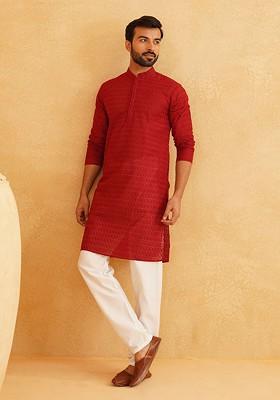 Maroon Thread Work Cotton Kurta Set For Men