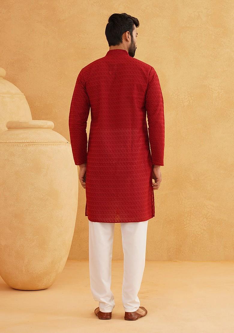 Maroon Thread Work Cotton Kurta Set For Men