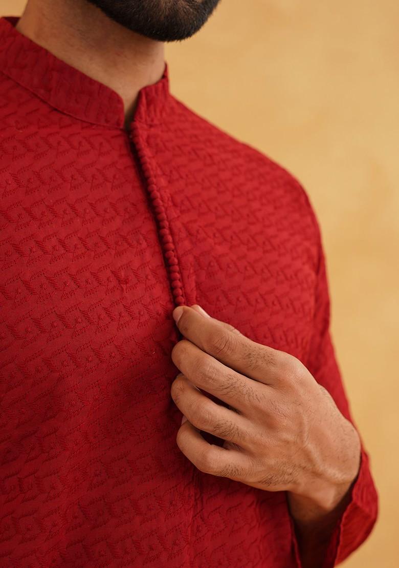 Maroon Thread Work Cotton Kurta Set For Men