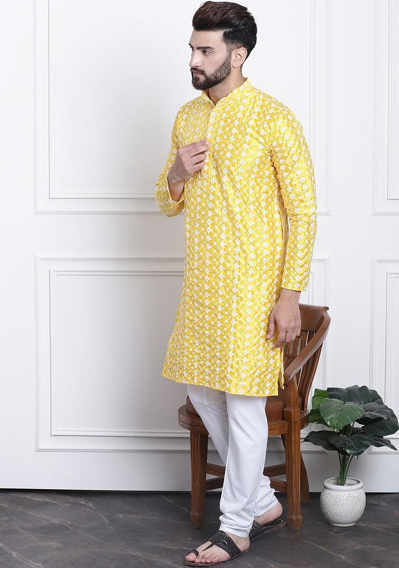 Yellow Thread Work Poly Blend Kurta Set For Men