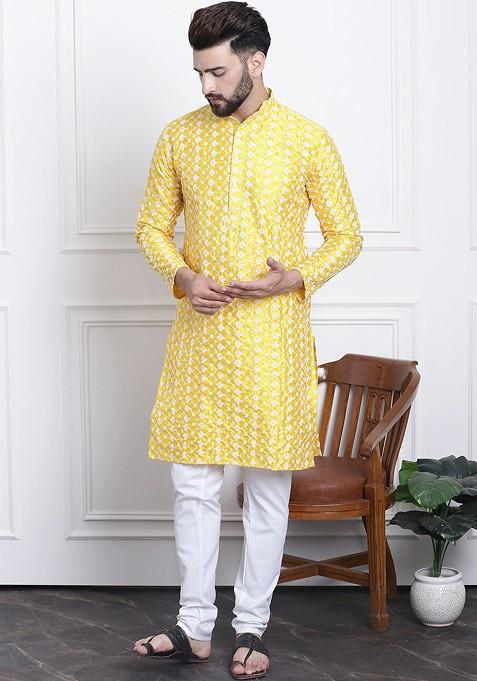 Yellow Thread Work Poly Blend Kurta Set For Men