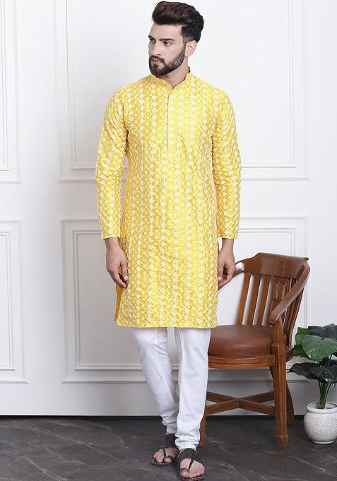 Yellow Thread Work Poly Blend Kurta Set For Men