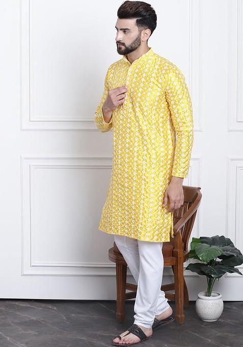 Yellow Thread Work Poly Blend Kurta Set For Men
