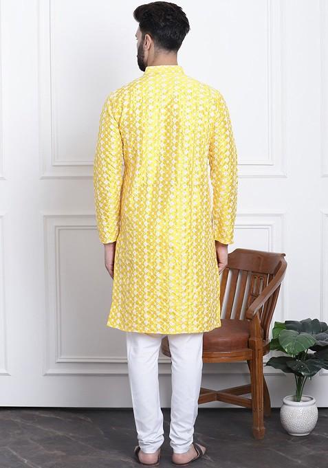 Yellow Thread Work Poly Blend Kurta Set For Men