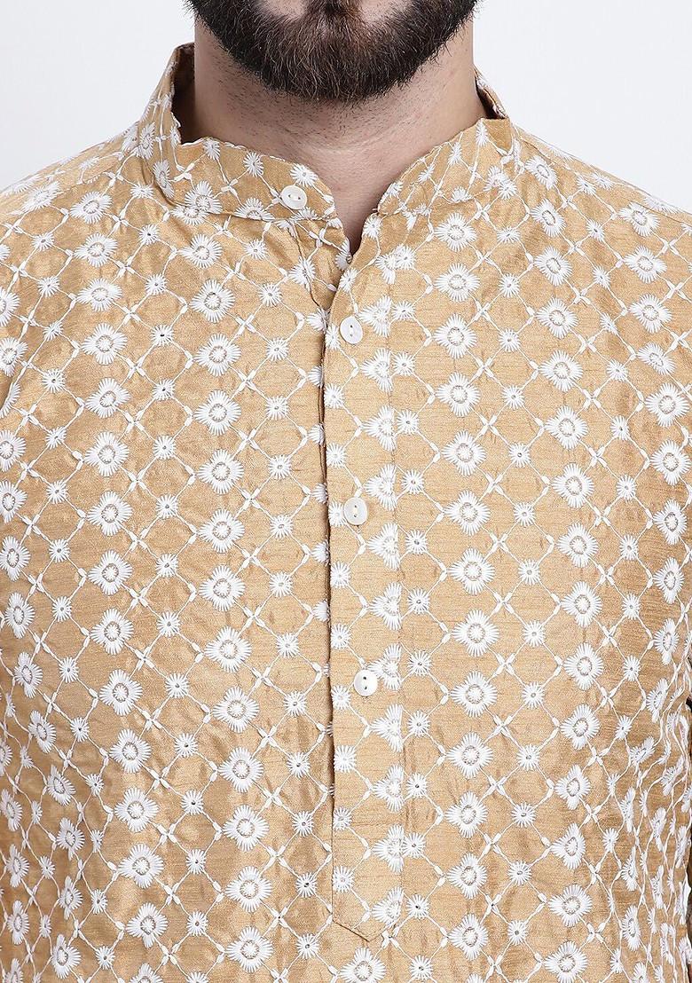 Gold Embroidered Poly Blend Kurta Set For Men