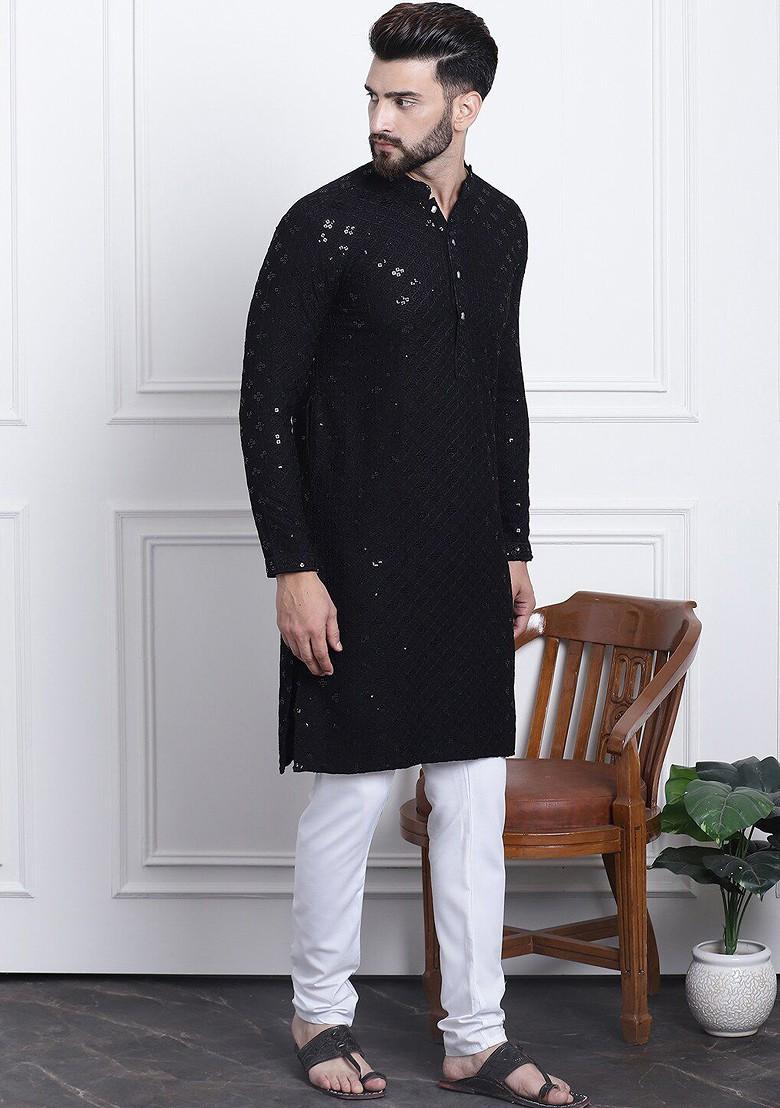 Black Embroidered Cotton Kurta Set For Men