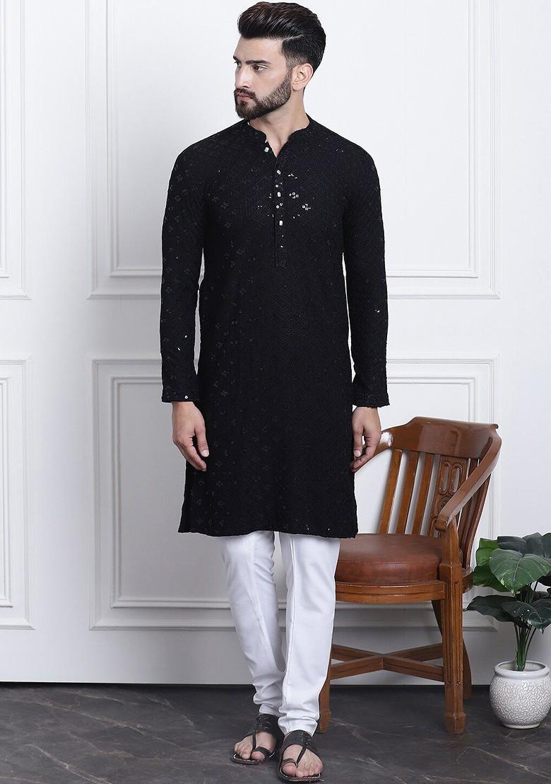 Black Embroidered Cotton Kurta Set For Men