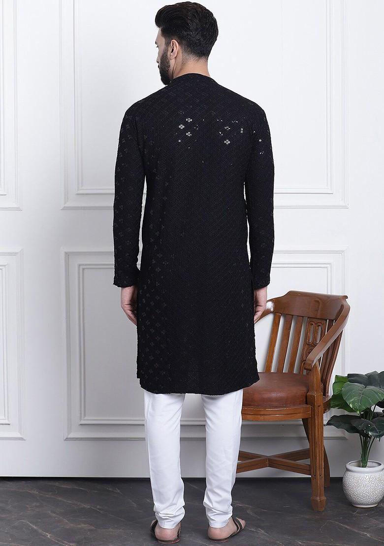 Black Embroidered Cotton Kurta Set For Men