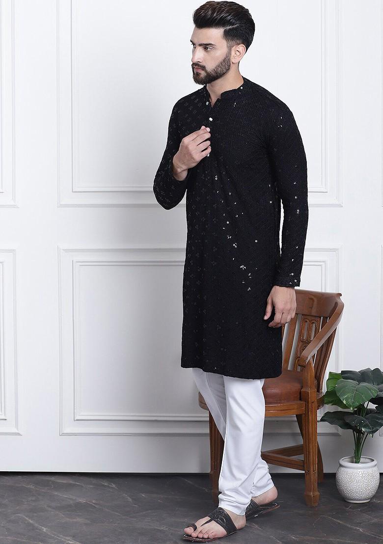 Black Embroidered Cotton Kurta Set For Men