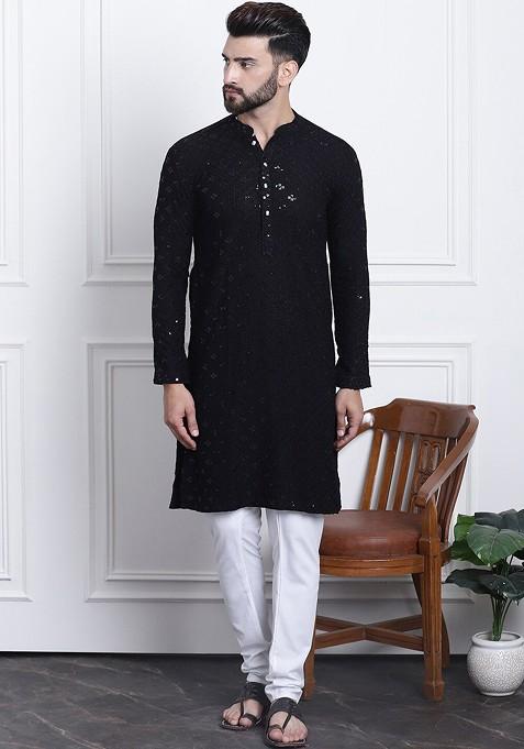 Black Embroidered Cotton Kurta Set For Men