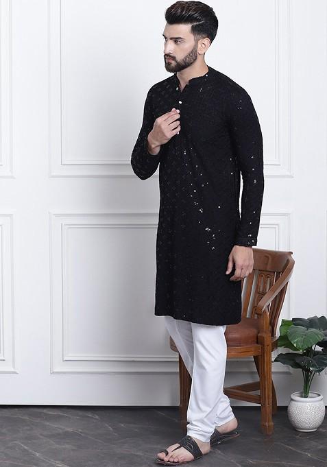 Black Embroidered Cotton Kurta Set For Men