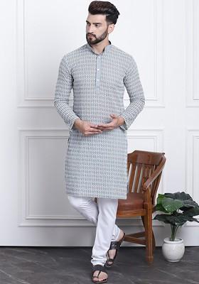 Grey Thread Work Cotton Kurta Set For Men