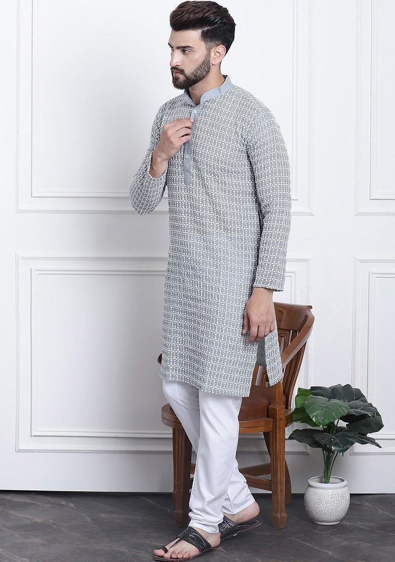 Grey Thread Work Cotton Kurta Set For Men