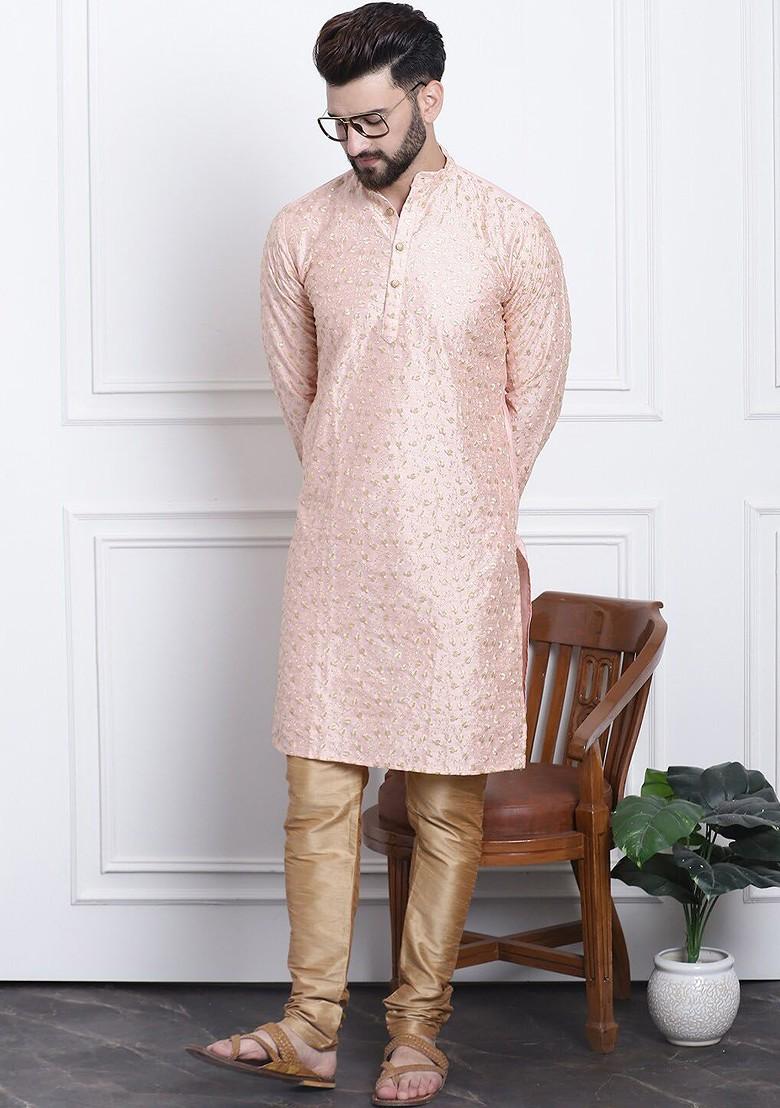 Peach Embroidered Poly Blend Kurta Set For Men