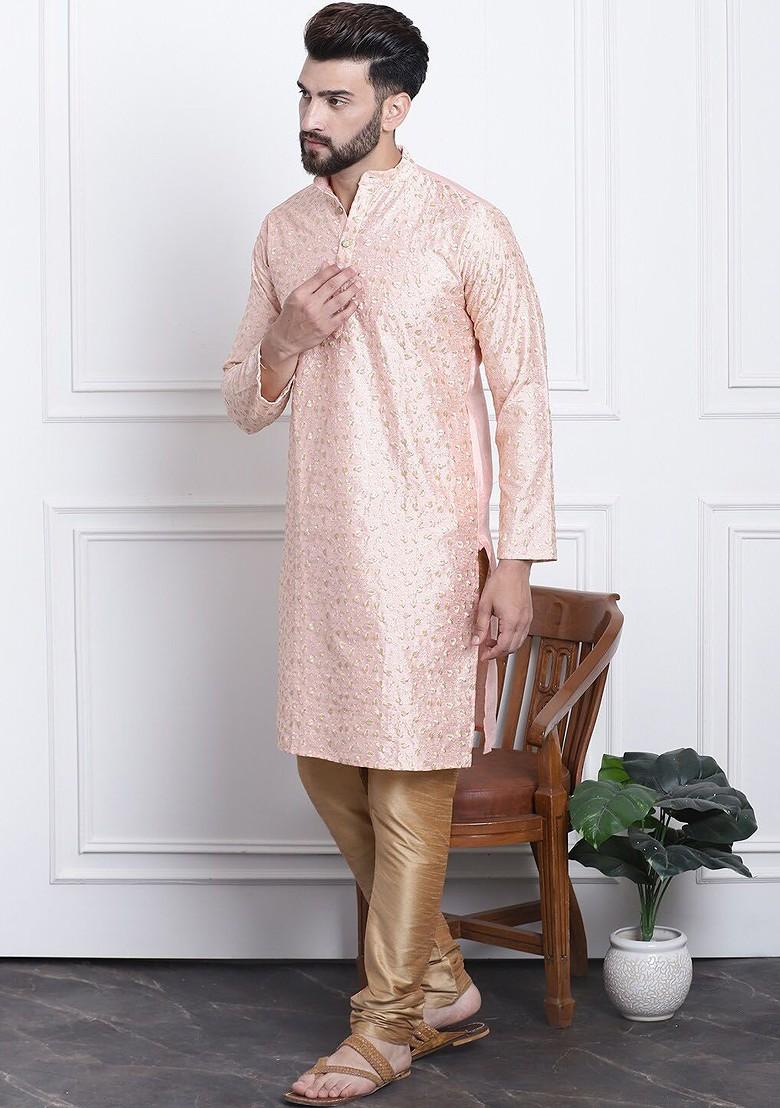 Peach Embroidered Poly Blend Kurta Set For Men