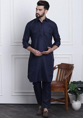 Navy Blue Solid Cotton Kurta Set For Men