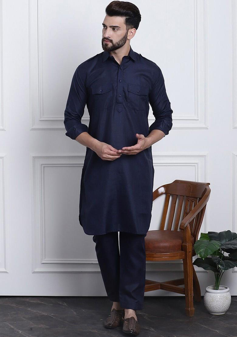 Navy Blue Solid Cotton Kurta Set For Men