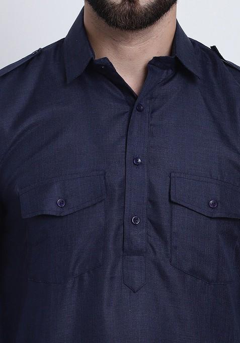 Navy Blue Solid Cotton Kurta Set For Men