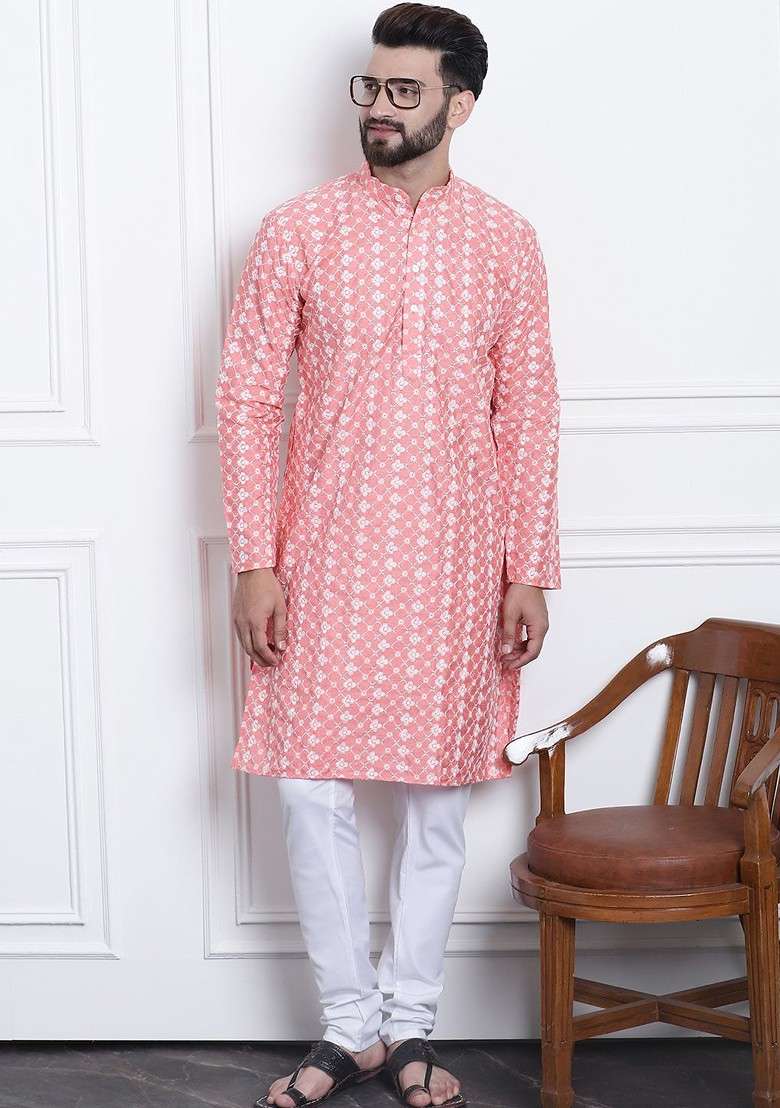 Peach Thread Work Poly Blend Kurta Set For Men - Indya