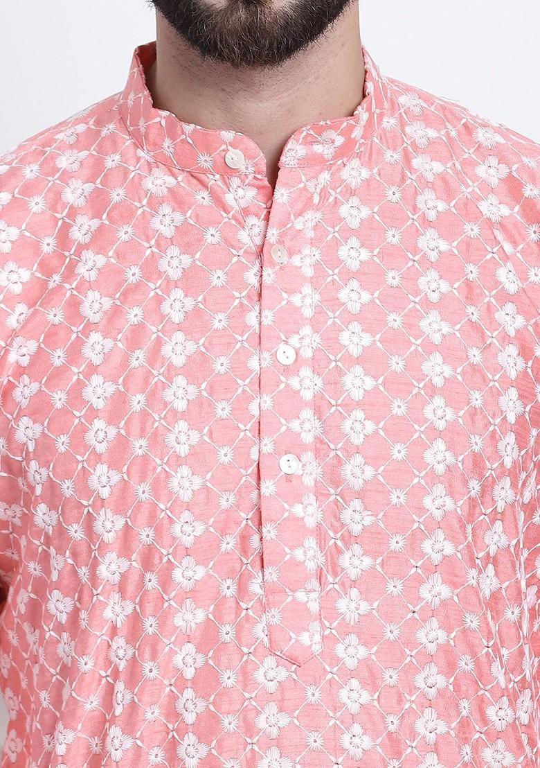 Peach Thread Work Poly Blend Kurta Set For Men