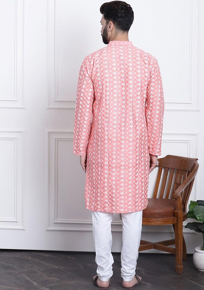 Peach Thread Work Poly Blend Kurta Set For Men