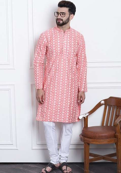 Peach Thread Work Poly Blend Kurta Set For Men