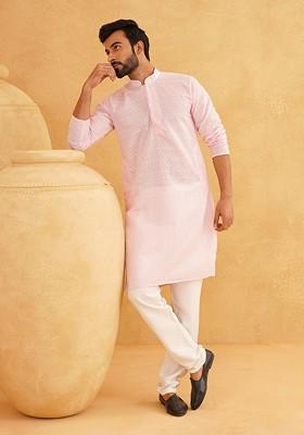 Pink Embroidered Cotton Kurta Set For Men