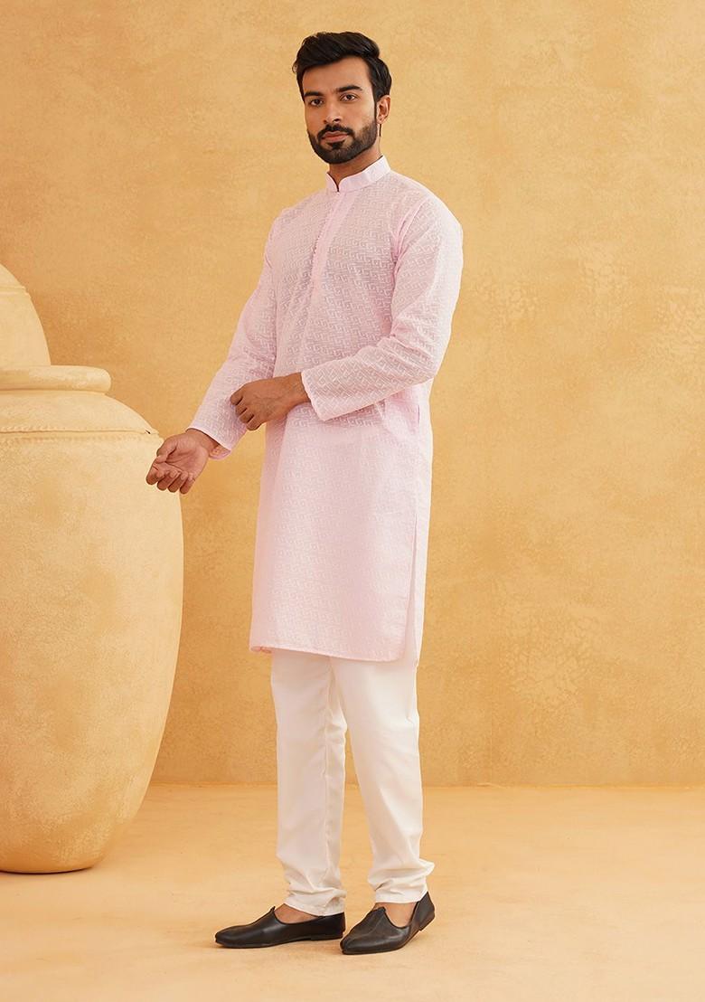 Pink Embroidered Cotton Kurta Set For Men