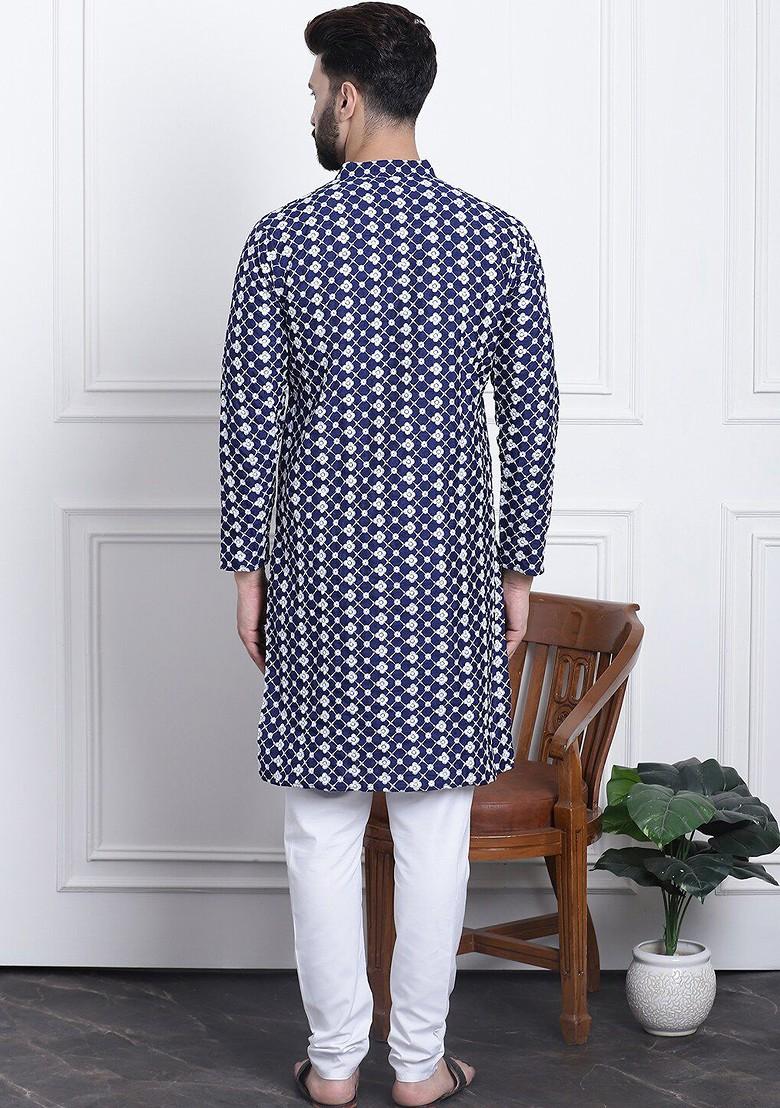 Navy Blue Embroidered Poly Blend Kurta Set For Men