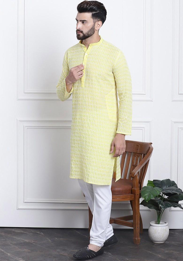 Yellow Embroidered Cotton Kurta Set For Men