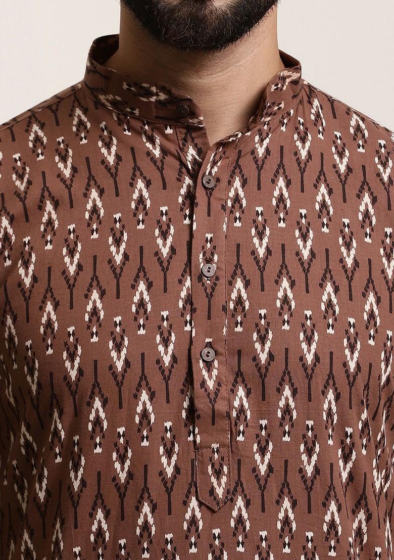 Brown Printed Cotton Kurta Set For Men