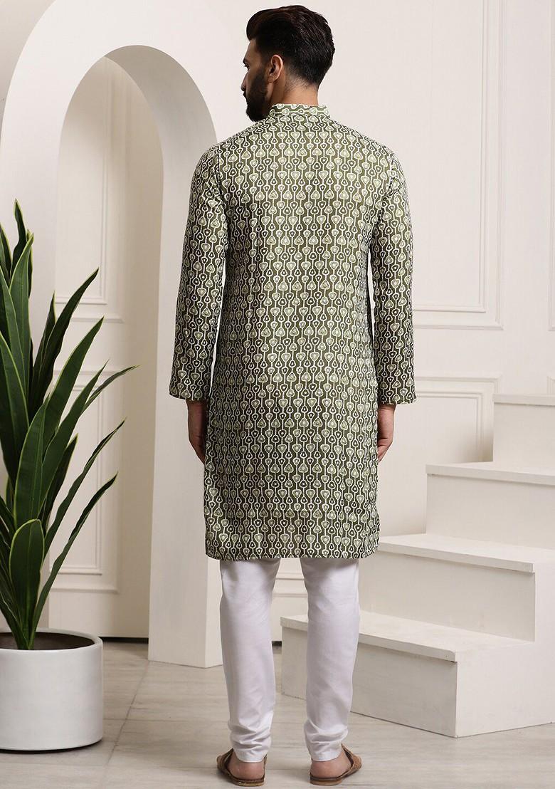 Green Printed Cotton Kurta Set For Men