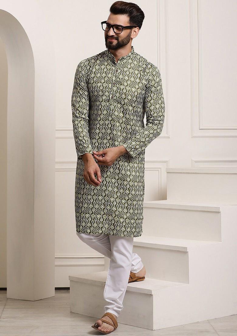 Green Printed Cotton Kurta Set For Men
