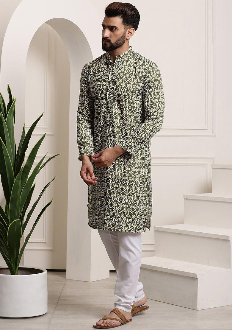Green Printed Cotton Kurta Set For Men