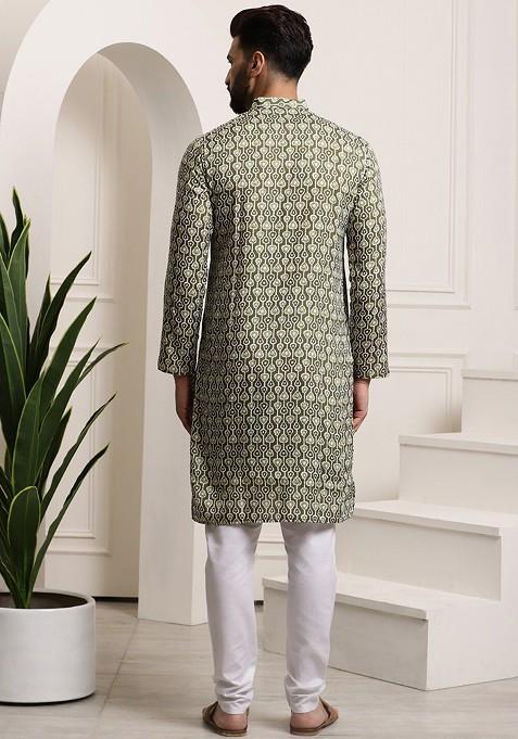 Green Printed Cotton Kurta Set For Men