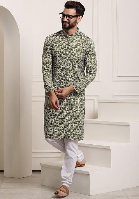 Green Printed Cotton Kurta Set For Men