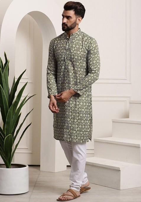 Green Printed Cotton Kurta Set For Men