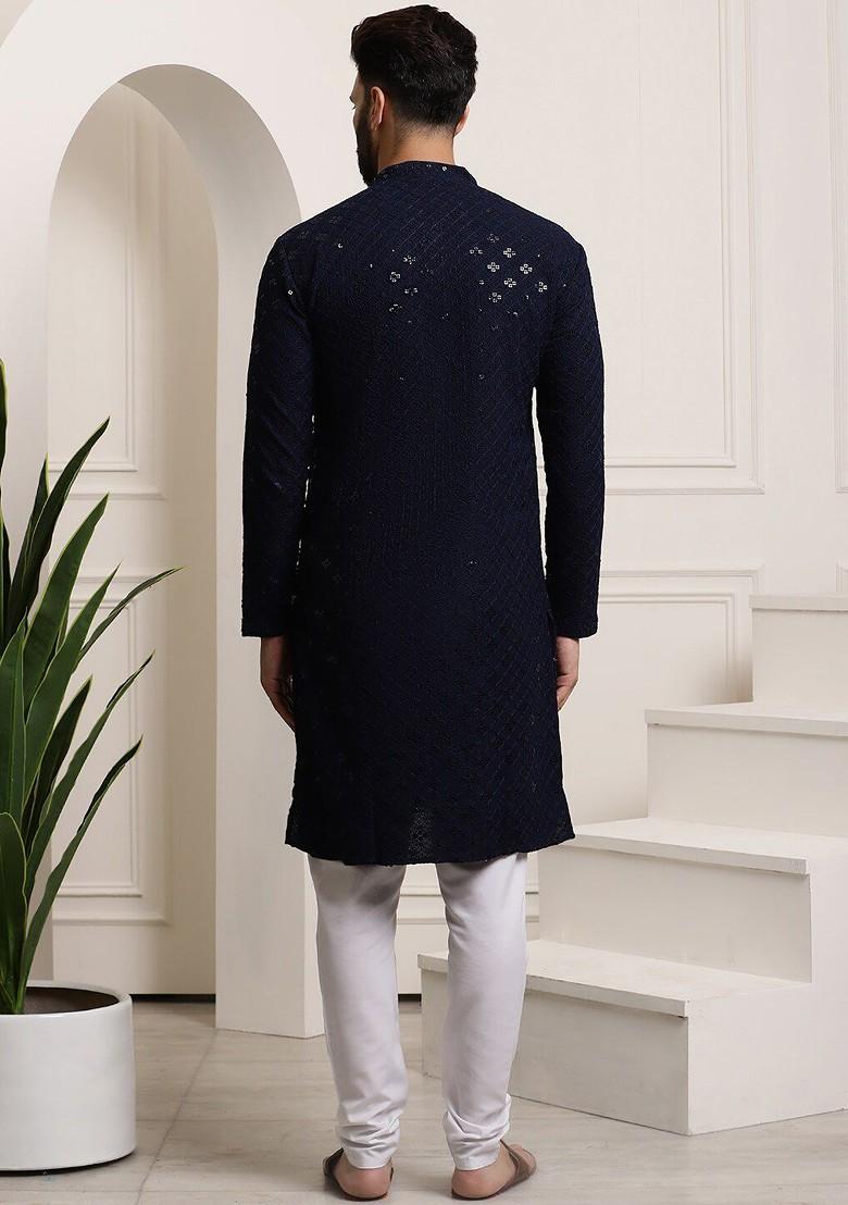 Navy Blue Embroidered Cotton Kurta Set For Men